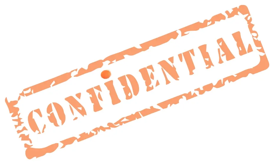 Orangefarbener Stempel „Confidential“, schräg gesetzt, mit Jasmins Logokreis als i-Punkt.