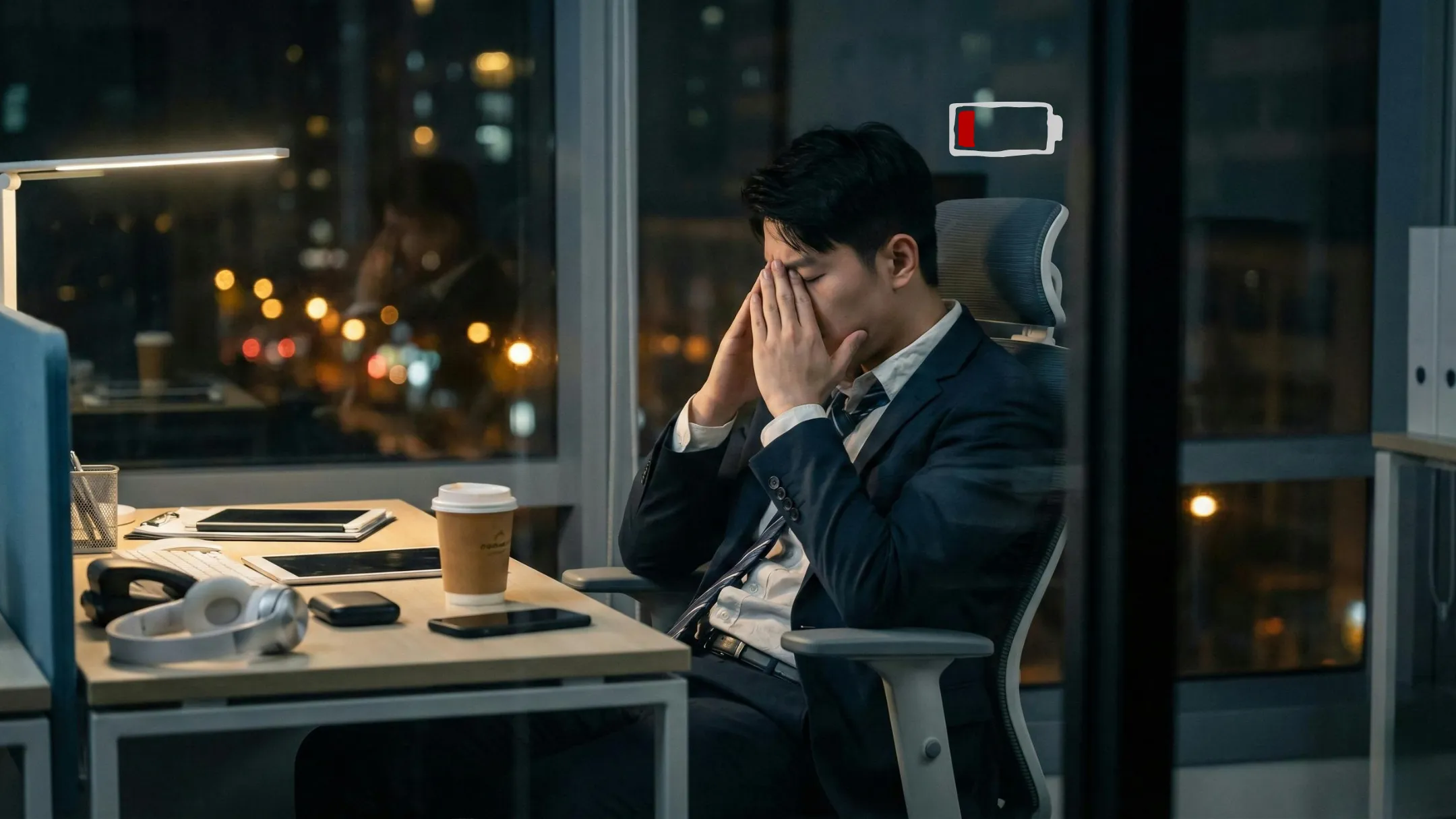 Erschöpfter Mann im Anzug sitzt nachts im Büro und hält sich die Hände vors Gesicht, über ihm eine fast leere Batterie
