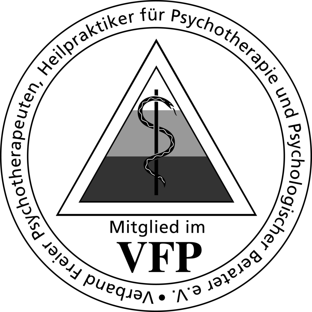 Offizielles Siegel des VFP (Verband Freier Psychotherapeuten, Heilpraktiker für Psychotherapie und Psychologischer Berater e.V.). Das runde Siegel zeigt das VFP-Logo mit stilisierten Buchstaben und einem blauen Farbverlauf. Official seal of the VFP (Association of Independent Psychotherapists, Alternative Practitioners for Psychotherapy, and Psychological Counselors e.V.). The round seal features the VFP logo with stylized letters and a blue gradient.