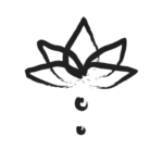 Abstraktes schwarzes Lotusblüten-Symbol mit zwei Punkten – Zeichen für Achtsamkeit, innere Ruhe und spirituelles Wachstum.